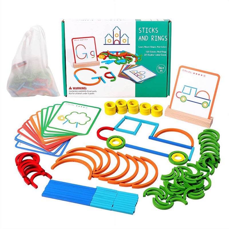 Wooden Montessori Smart Sticks, 120pcs Pattern Block Shape Puzzles,Wooden Sticks and Rings Puzzle Game Set for Quick Thinking, and Spelling/STEM/Art in One,Toys Gift for 3 4 5 Years Old Kids - Image 1